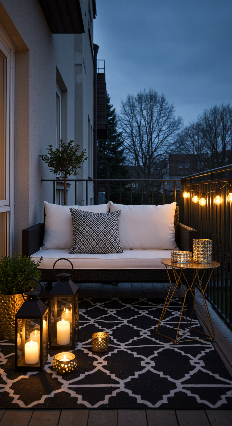 Balkon mit schwarz-weißem Teppich, dunklem Sofa und goldenen Laternen bei Nacht.