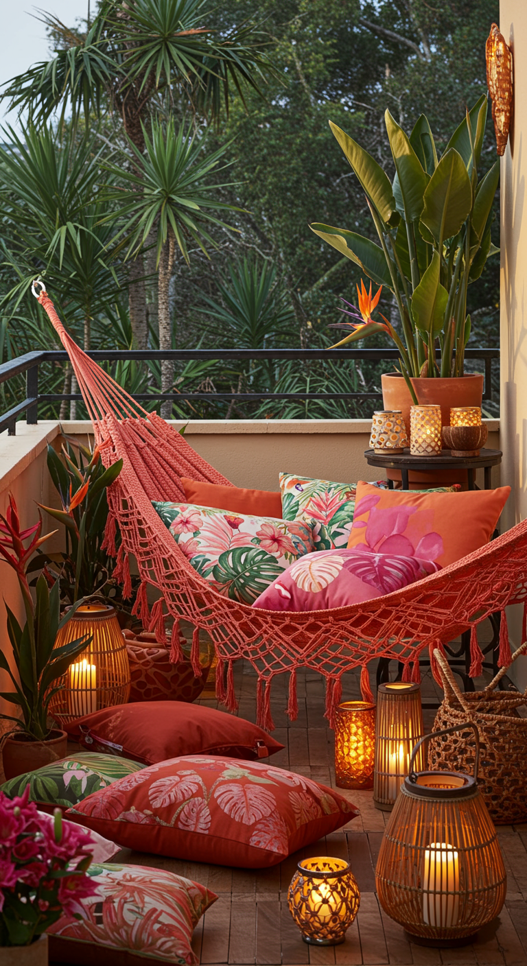 Balkon mit korallfarbener Hängematte, tropischen Kissenmustern und Bambuslaternen.