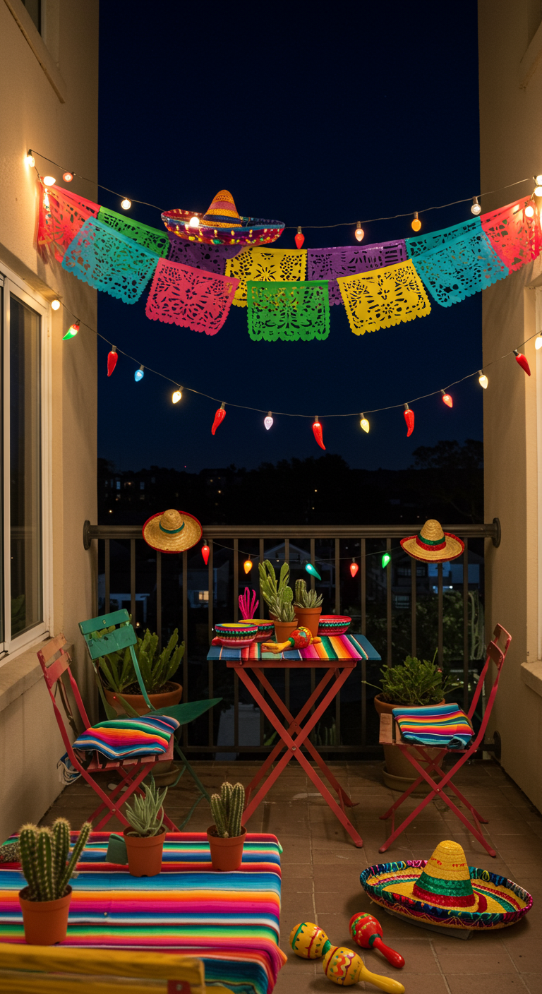 Bunt dekorierter Balkon im mexikanischen Stil mit Papel Picado, Kakteen und Sombreros.