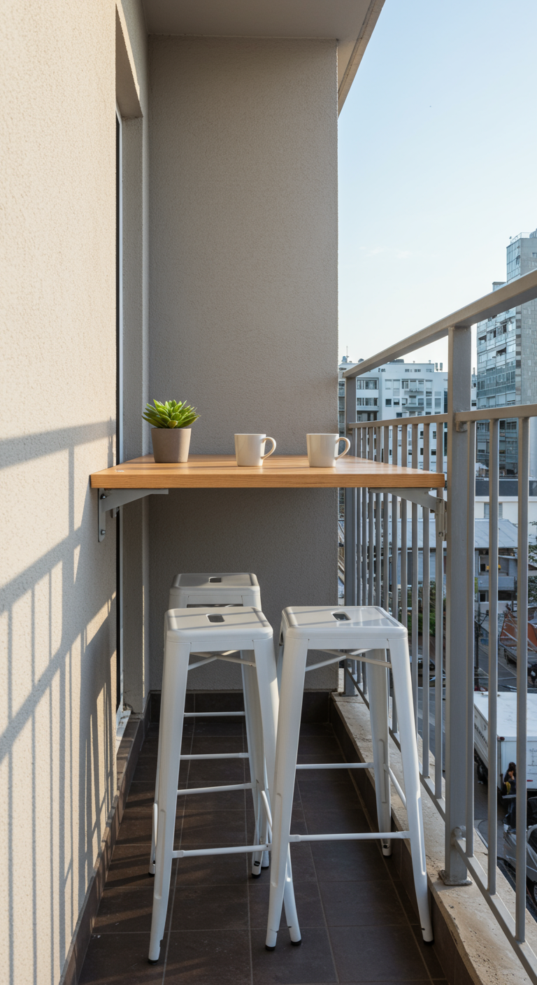 Schmaler Balkon mit wandmontiertem Klapptisch und zwei weißen Hockern.
