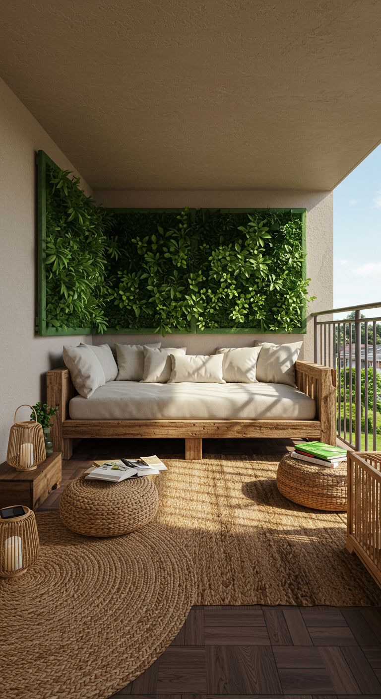 Balkon-Leseecke mit Daybed vor einer üppigen vertikalen Pflanzenwand und Jute-Teppich.