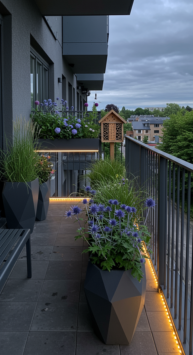 Moderner Balkon bei Dämmerung mit geometrischen Pflanzkübeln und LED-Lichtleisten.