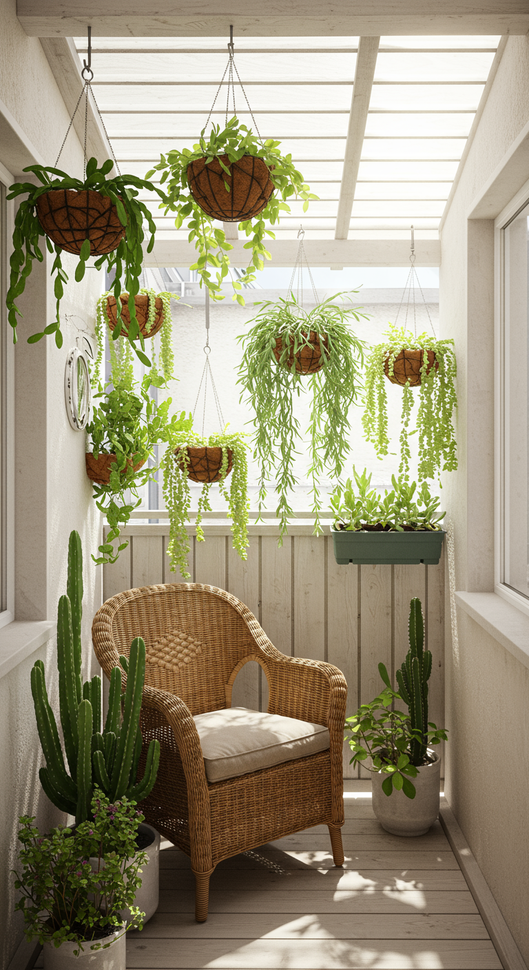 Heller Balkon mit vielen Hängepflanzen, Kakteen und einem Korbsessel.
