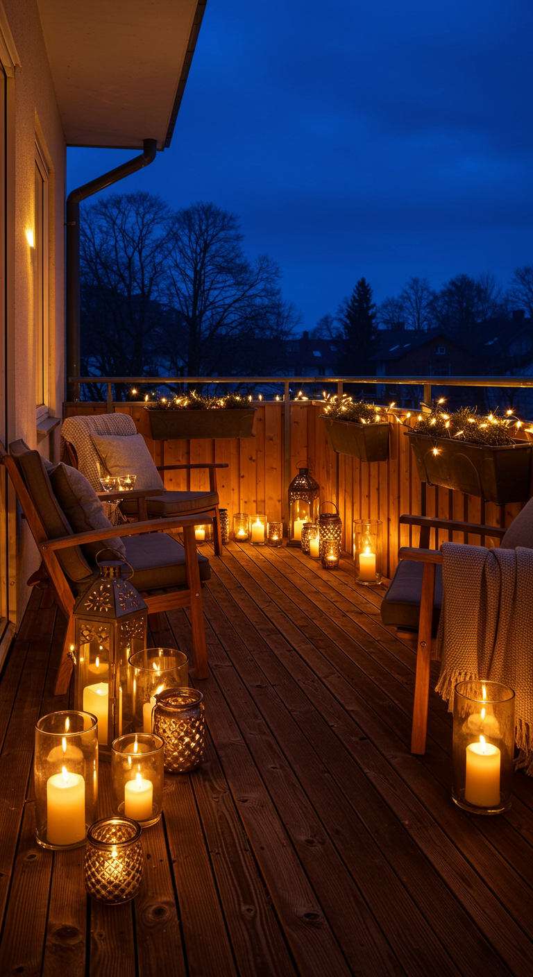 Holzbalkon mit vielen Kerzen in verschiedenen Gläsern und Laternen, zwei Holzstühle.