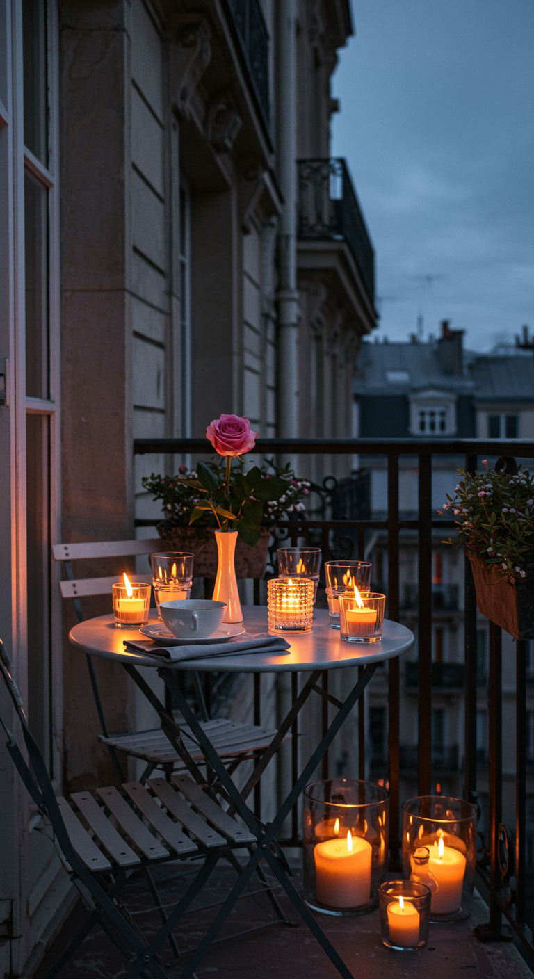 Balkon-Bistrotisch bei Dämmerung, bedeckt mit vielen Kerzen in Gläsern und einer einzelnen rosa Rose.