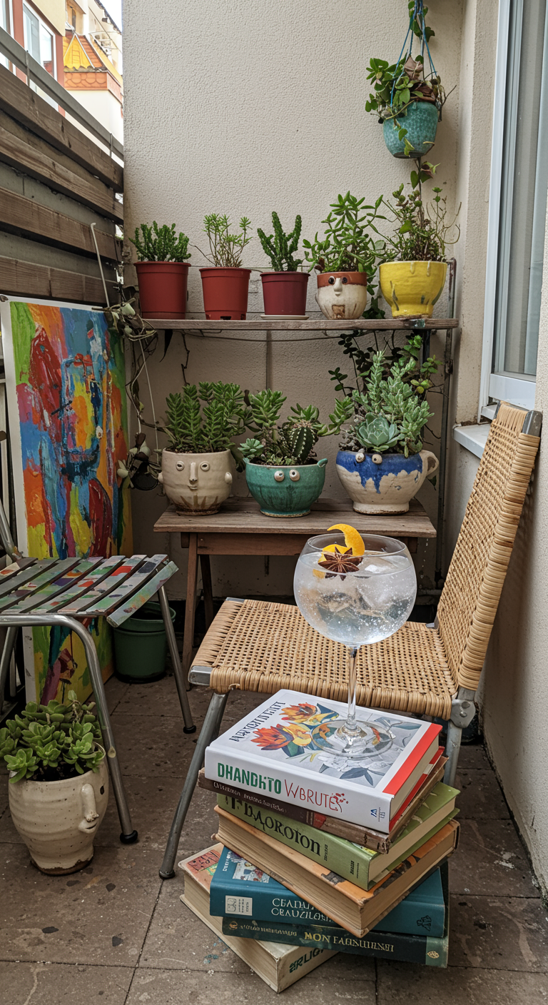Eklektischer kleiner Balkon mit bunten Töpfen, Büchern als Tisch und Kunst.