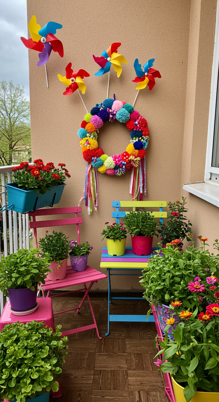 Sehr bunter Balkon mit Pompom-Kranz, bunten Stühlen und Windrädern.