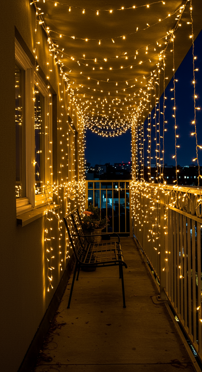 Schmaler Balkon, komplett mit Lichterketten überdacht, die ein warmes Licht werfen.