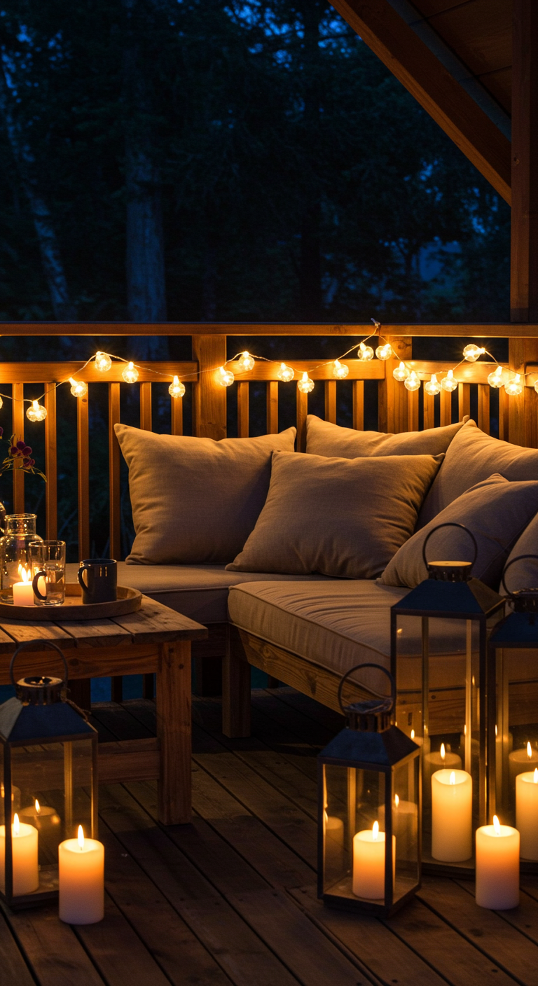Holzbalkon bei Nacht mit vielen Laternen, Kerzen und Lichterketten auf Sofa und Tisch.