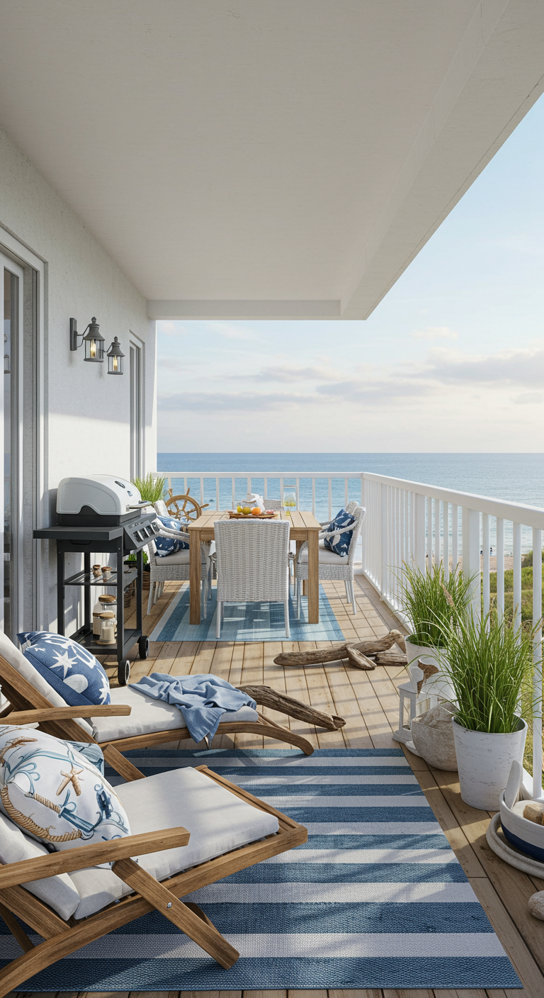 Balkon mit Meerblick, Grill, Liegestühlen und maritimer Deko in Blau-Weiß.