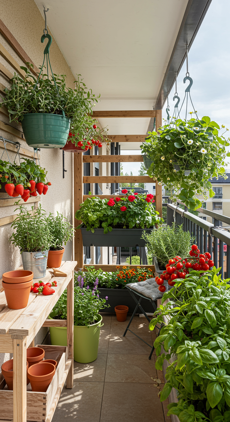 Balkon-Gemüsegarten mit hängenden Erdbeeren und Tomaten sowie Kräutern.