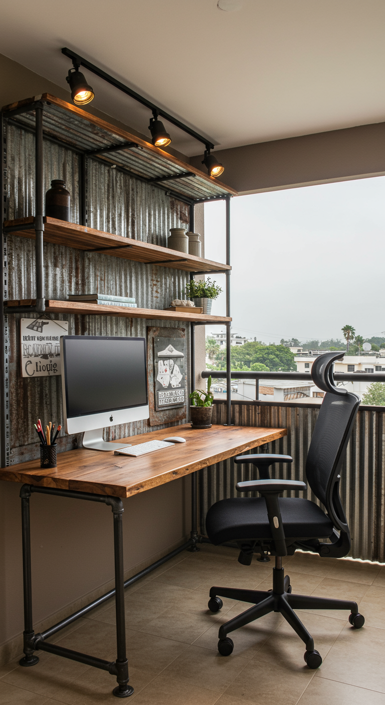 Balkon-Homeoffice mit Schreibtisch, Stuhl und Regal aus Metallrohren und Holz.