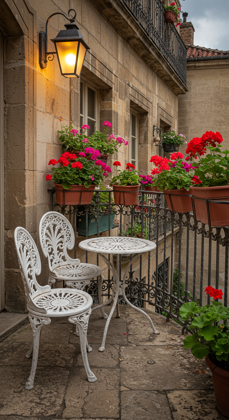 Kleiner französischer Balkon mit weißen schmiedeeisernen Möbeln und roten Geranien.