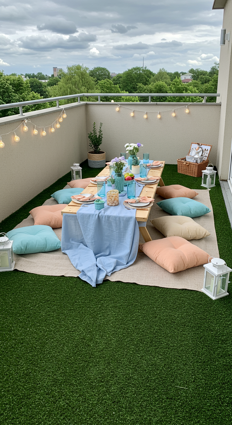 Balkon-Picknick-Setup mit niedrigem Tisch, bunten Kissen und Kunstrasen.