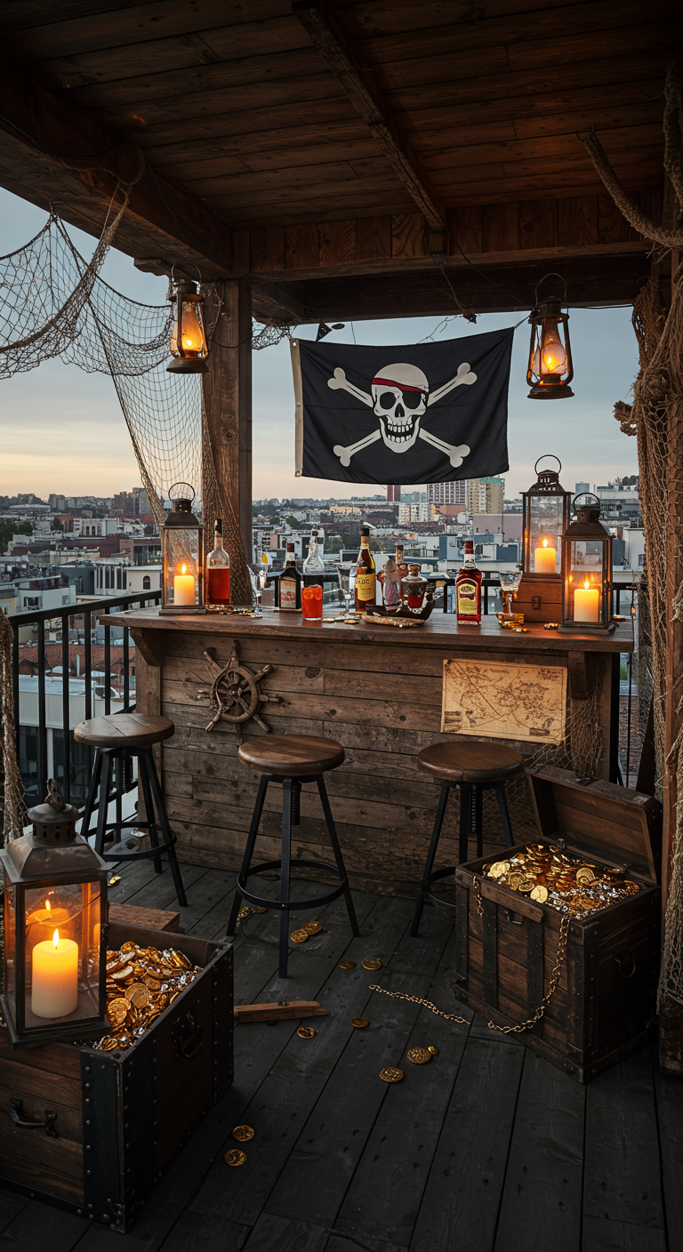 Balkon-Bar im Piraten-Stil mit Flagge, Schatzkisten und Laternen.