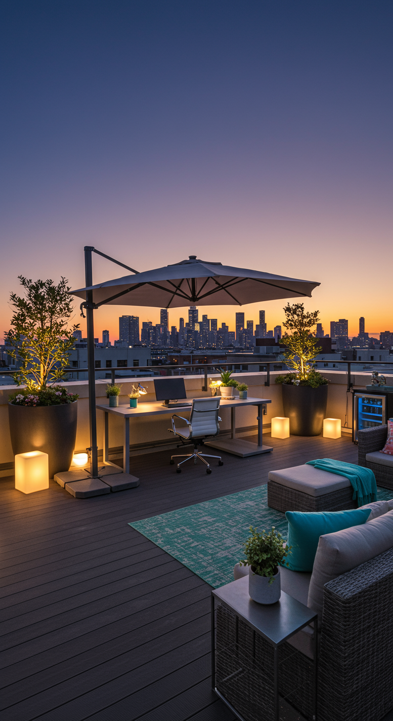 Dachterrasse als Homeoffice mit großem Schreibtisch, Sonnenschirm und Skyline-Blick bei Sonnenuntergang.