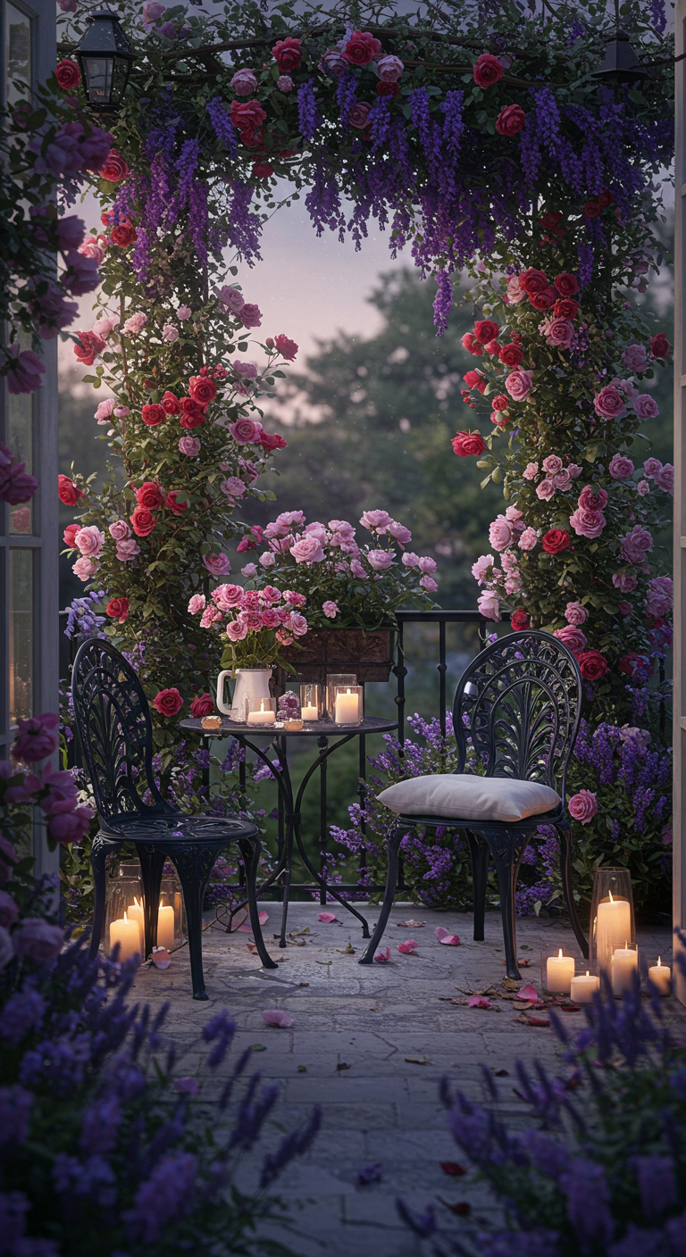 Romantische Balkonszene mit Rosenbogen, kleinem Tisch, zwei Stühlen und vielen Kerzen.