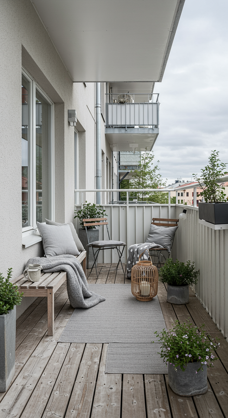 Heller Balkon im skandinavischen Stil mit Holzmöbeln, grauen Textilien und Holzboden.