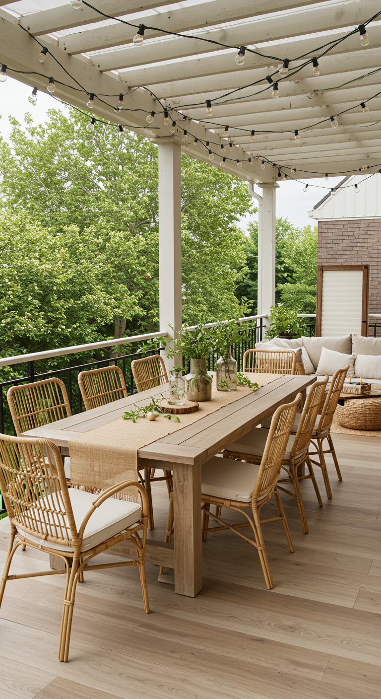 Großer Holztisch mit Rattanstühlen und Jute-Tischläufer unter Lichterketten-Pergola.
