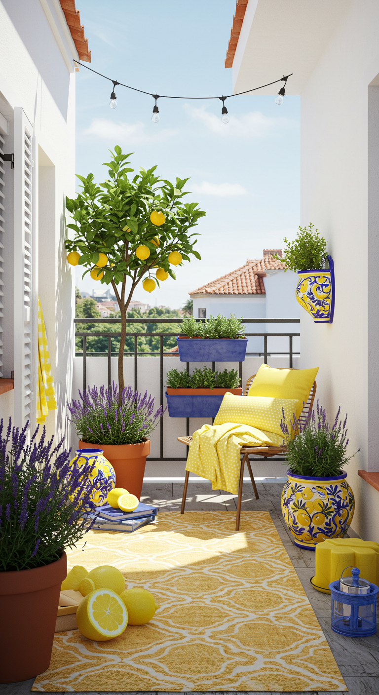 Farbenfroher Balkon mit gelbem Teppich, blauen Akzenten und Zitronenbaum.