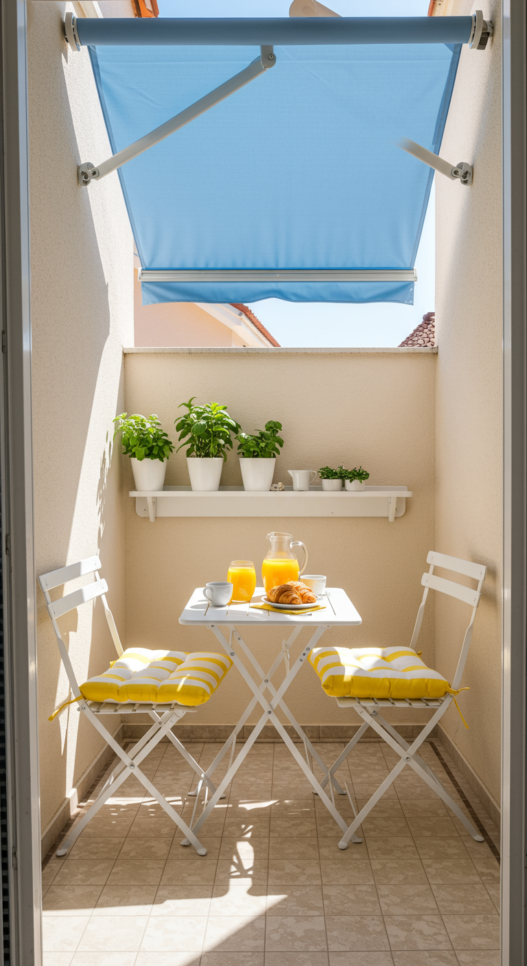 Kleiner Balkon mit hellblauer Markise, weißen Klappmöbeln und gelb-weiß gestreiften Kissen.