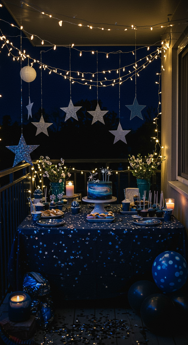 Nächtlicher Balkon mit Sternenmotto-Dekoration: Glitzersterne, Lichterketten und dunkelblaue Tischdecke.