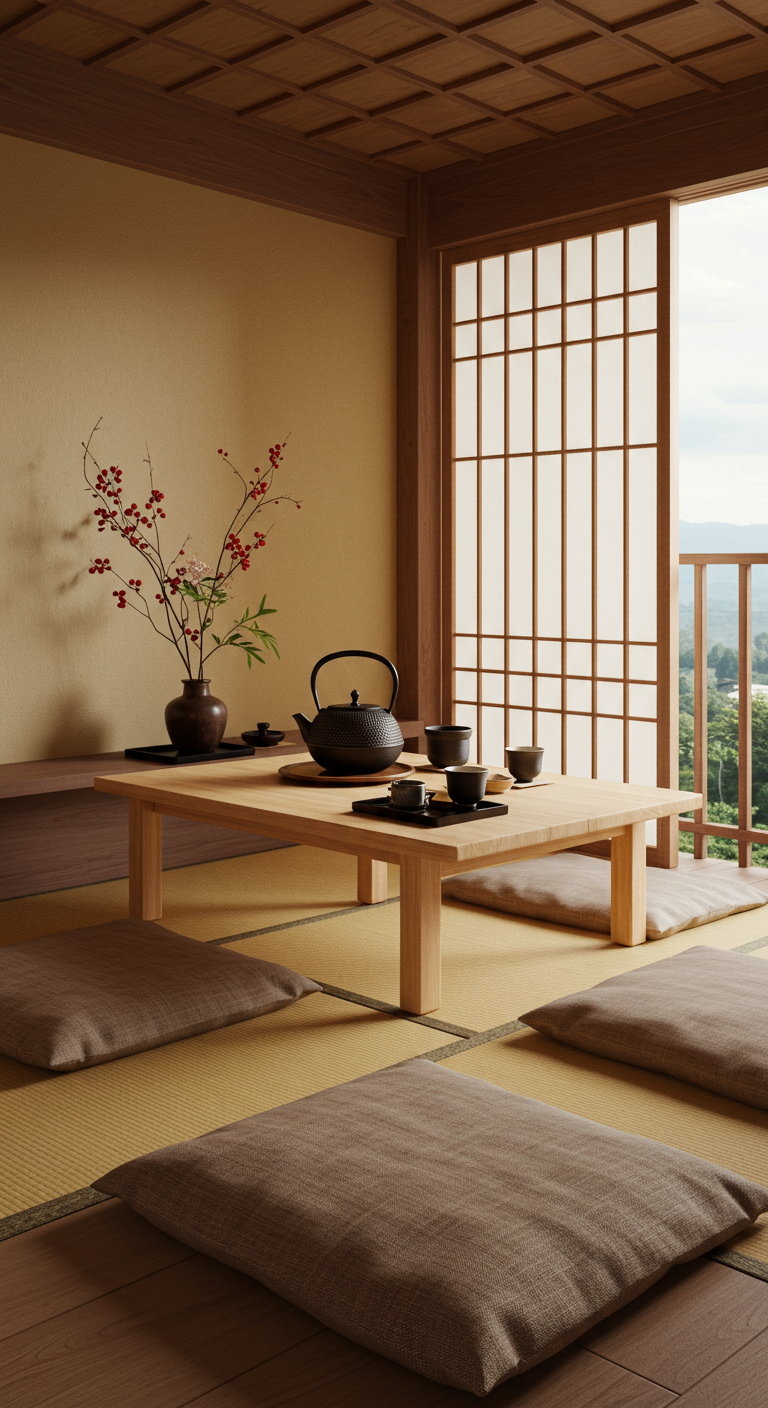 Japanisch inspirierter Balkon mit niedrigem Tisch, Sitzkissen und Shoji-Wand.