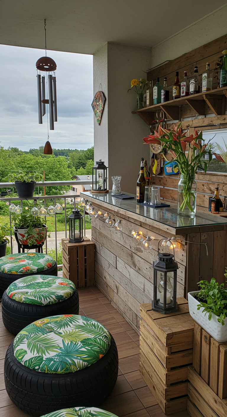 DIY-Balkonbar mit Hockern aus Autoreifen, Holztresen und Lichterketten.