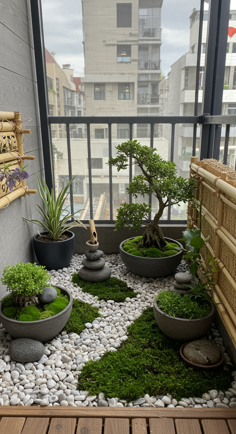 Miniatur-Zen-Garten auf dem Balkon mit Bonsai, Moos, Kieseln und Bambus-Elementen.