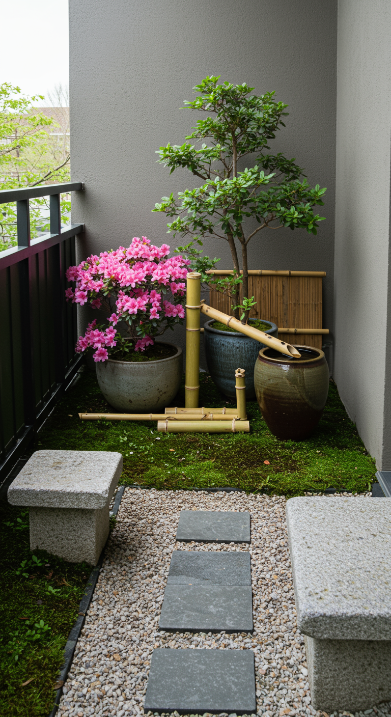 Japanisch gestalteter Balkon mit Moos, Steinen, Bambus und rosa Azalee.