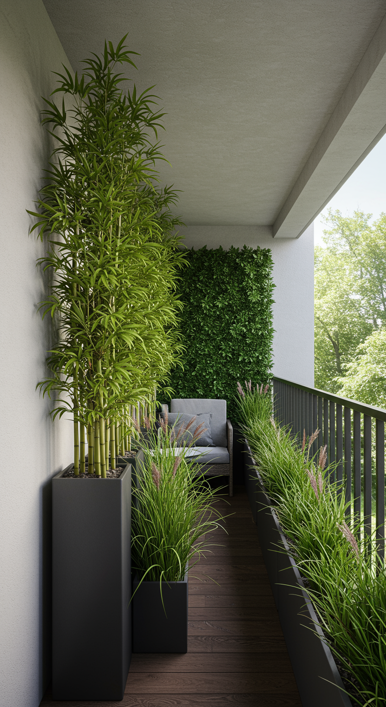 Moderner Balkon mit hohen Bambuspflanzen in dunklen Kübeln als Sichtschutz.