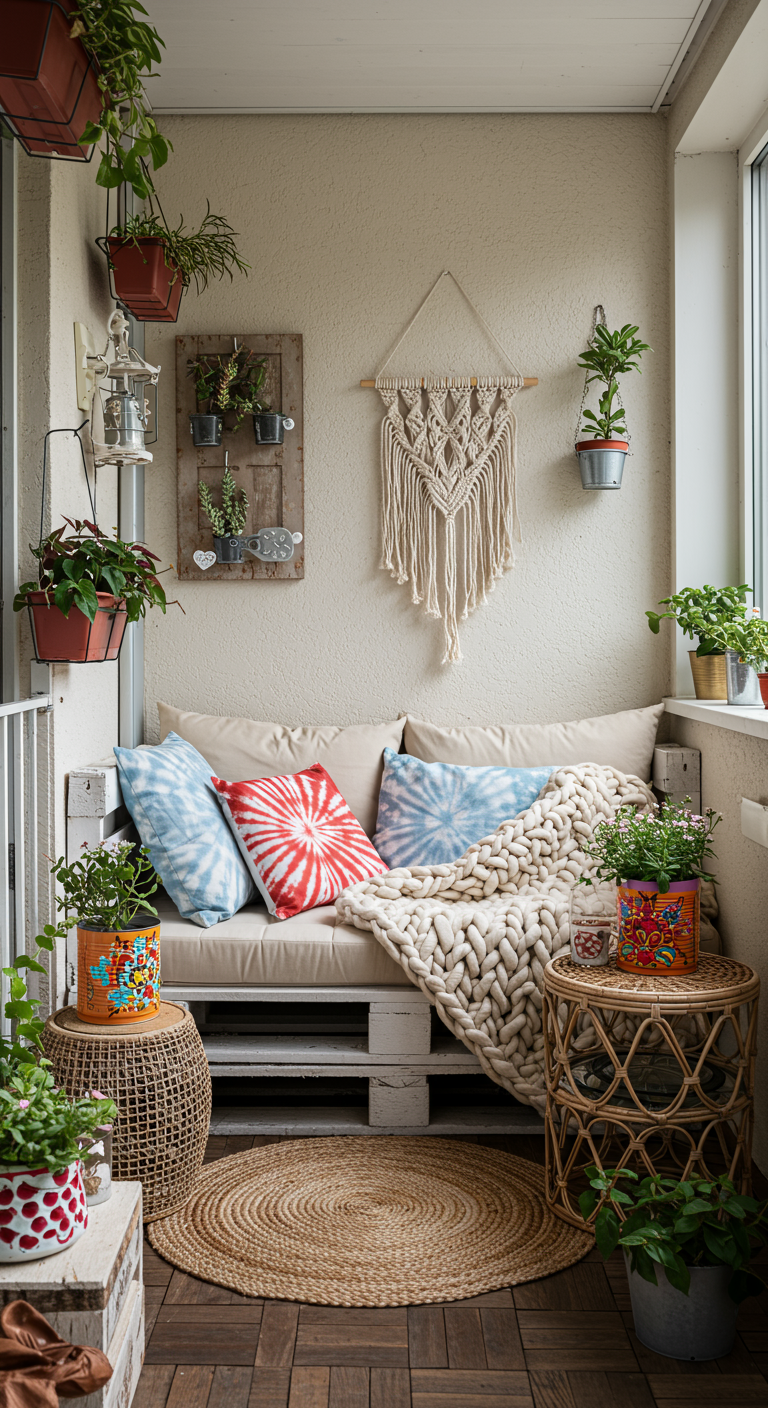 Boho-Balkon mit Palettensofa, Batik-Kissen, Strickdecke und Makramee-Wandbehang.