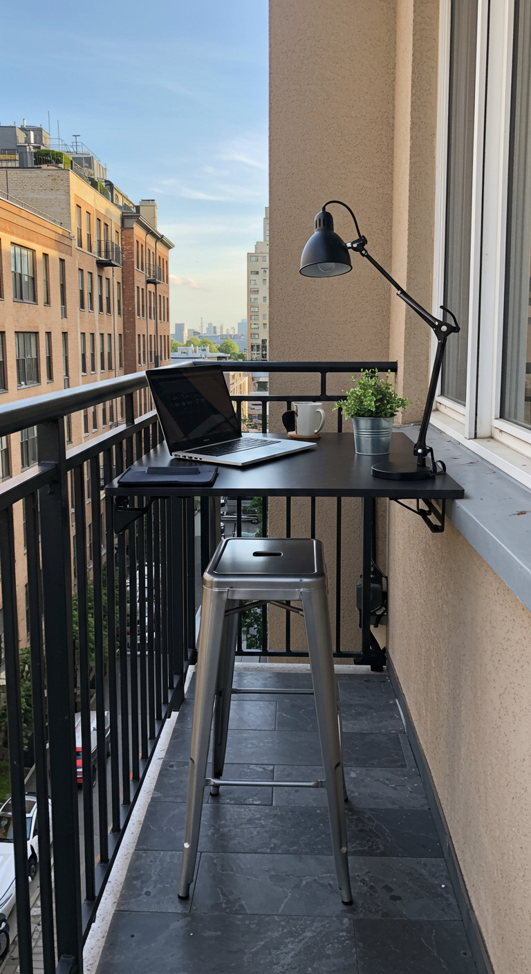 Kleiner Balkon mit schwarzem Klapptisch am Geländer, Laptop, Lampe und Hocker als Outdoor-Arbeitsplatz.
