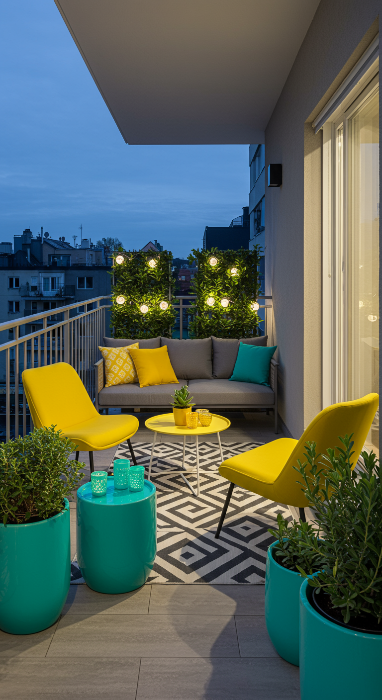 Moderner Balkon mit gelben Stühlen, türkisen Akzenten und grafischem Teppich.