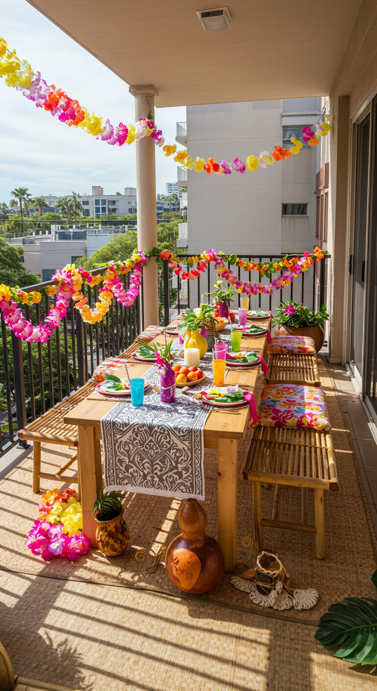 Festlich gedeckter Balkontisch mit bunten Blumenketten und tropischer Deko.