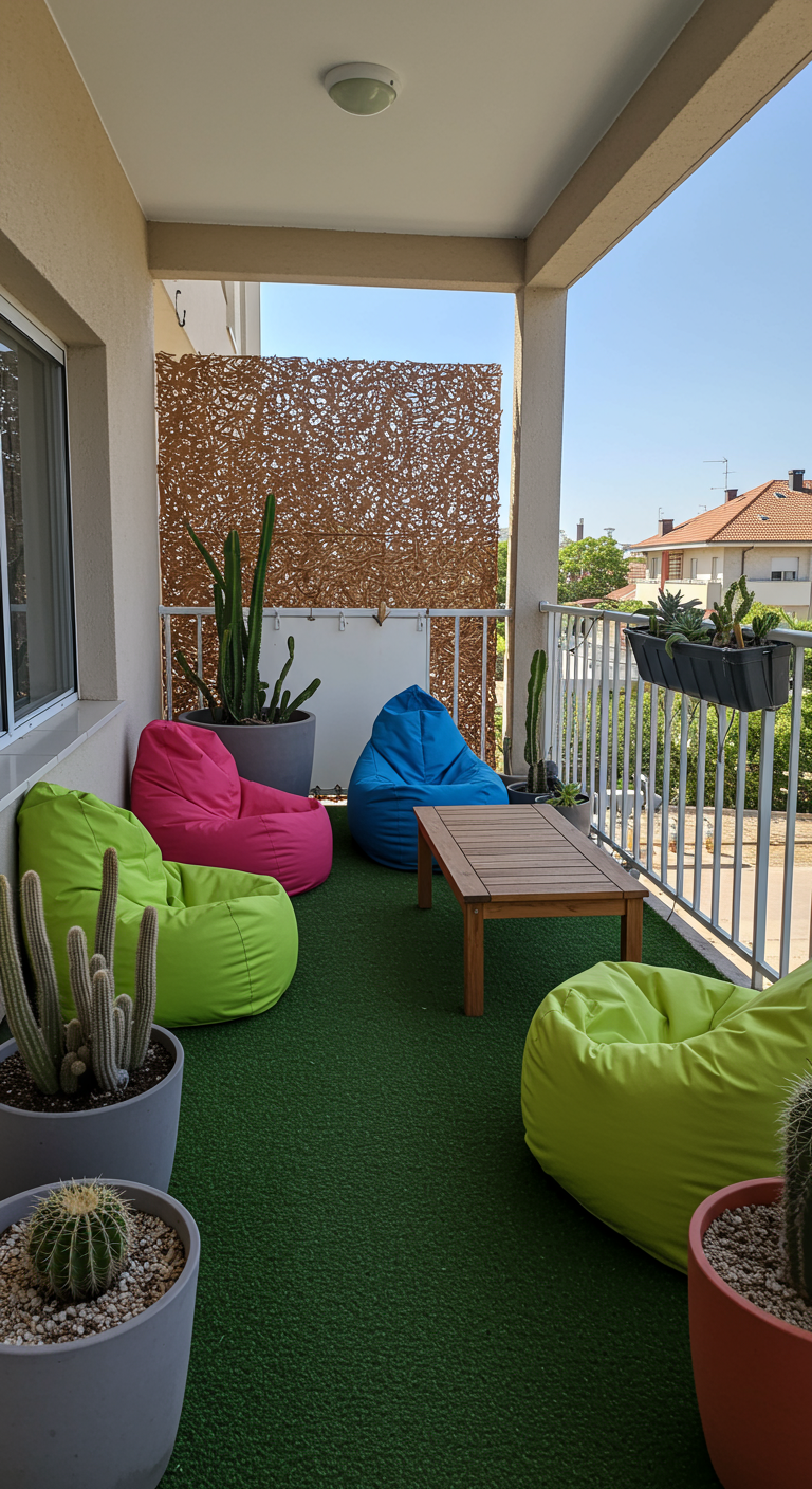 Balkon mit bunten Sitzsäcken, Kakteen und einem Holzsichtschutz.