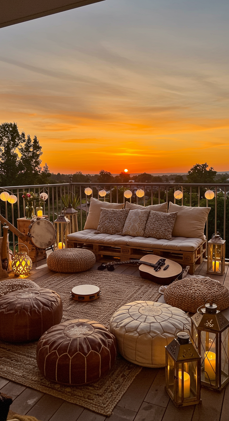 Balkon bei Sonnenuntergang mit Palettensofa, Poufs, Laternen und Musikinstrumenten.