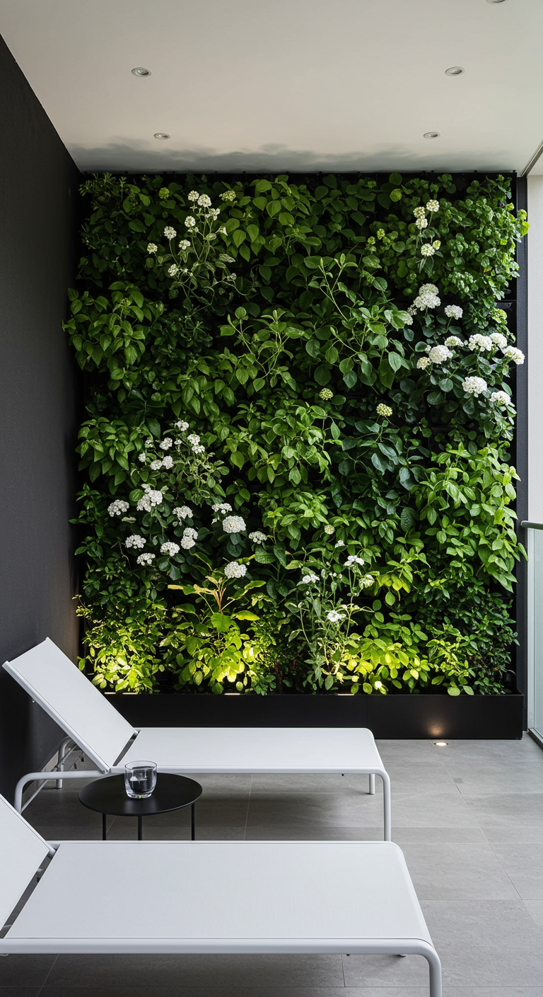 Balkon mit großer, üppig bepflanzter grüner Wand und zwei weißen Sonnenliegen davor.