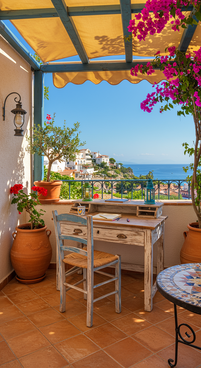 Mediterraner Balkon-Arbeitsplatz mit weißem Tisch, blühender Bougainvillea und Meerblick.