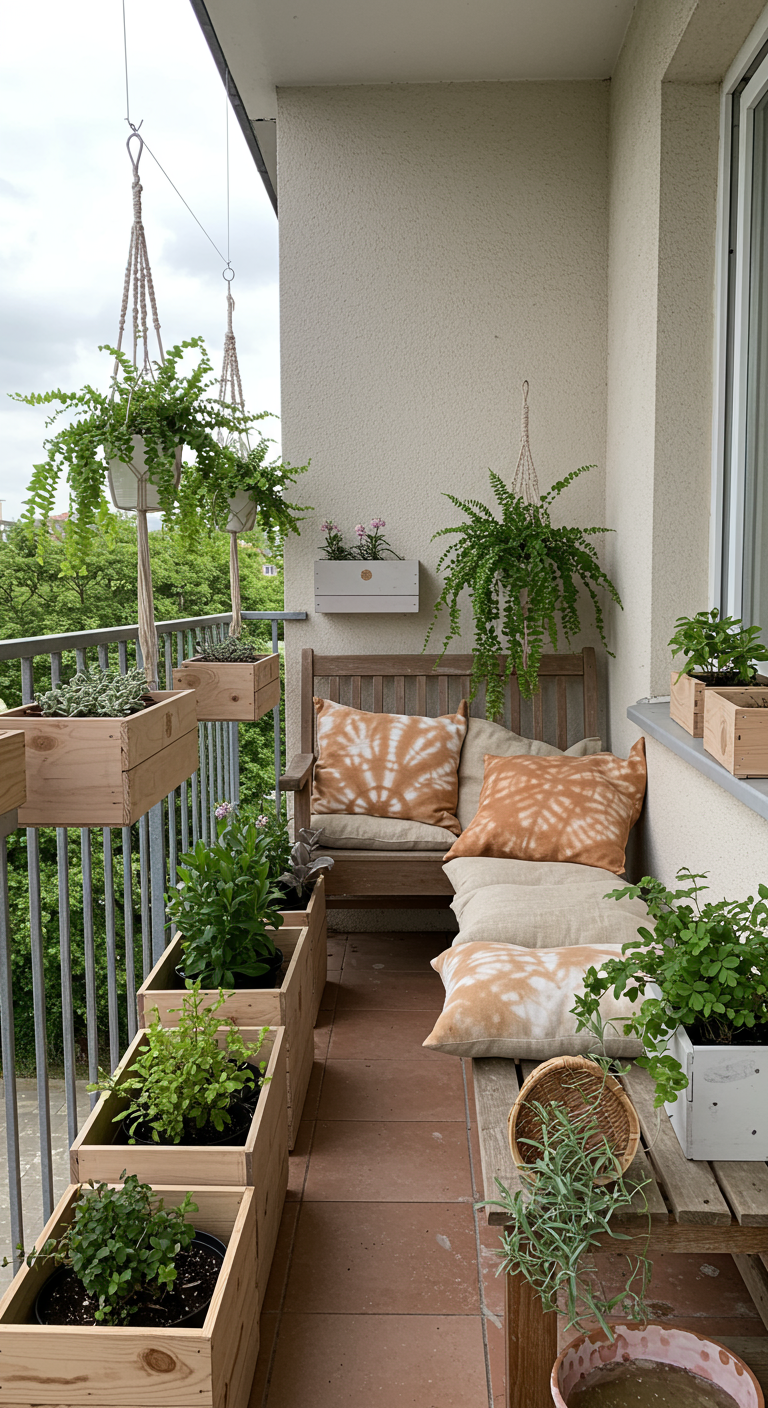 Balkon mit Holzkisten-Pflanzgefäßen am Geländer und Makramee-Blumenampeln.