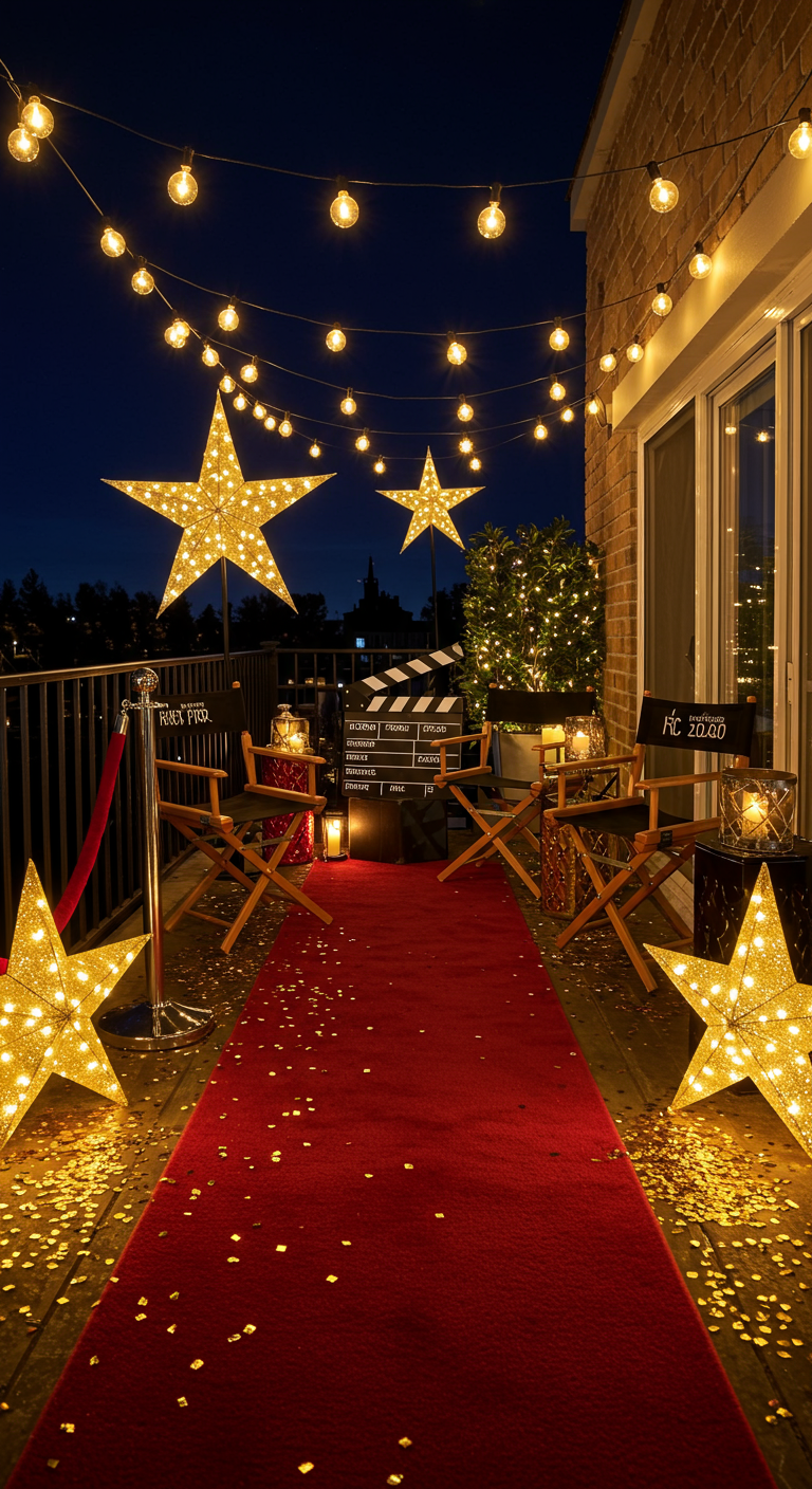 Balkon dekoriert im Hollywood-Stil mit rotem Teppich und Leuchtsternen.