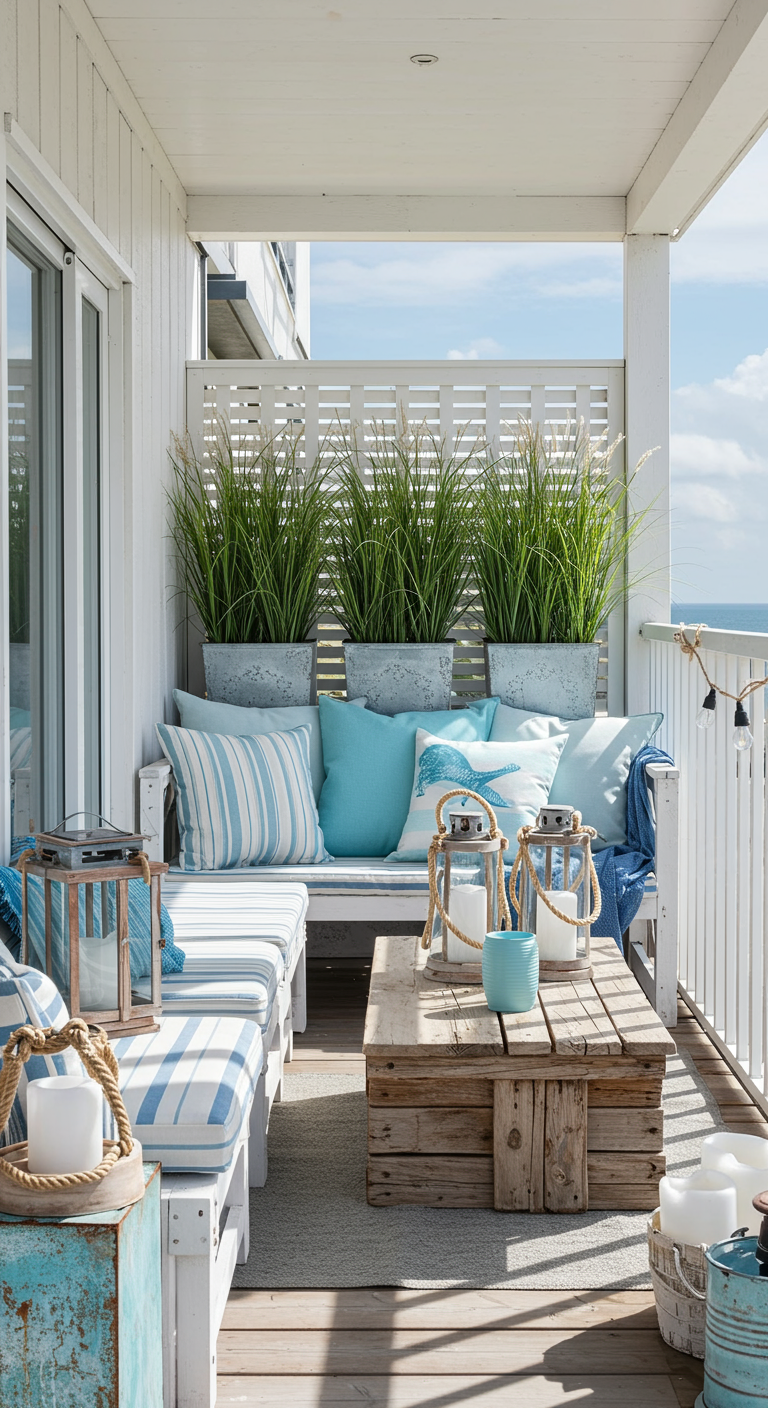 Nordbalkon im maritimen Stil mit weiß-blauen Streifen, Holzmöbeln und Gräsern.