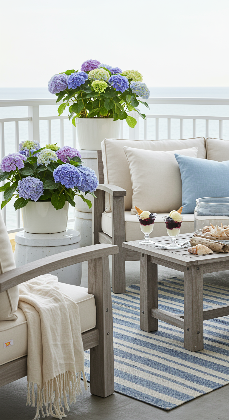 Balkon im Küstenstil mit hellen Holzmöbeln, blauen Hortensien und gestreiftem Teppich.
