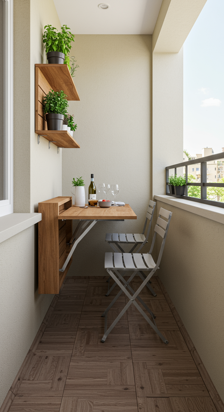 Sehr schmaler Balkon mit wandmontiertem Klapptisch, Klappstühlen und Wandregal.