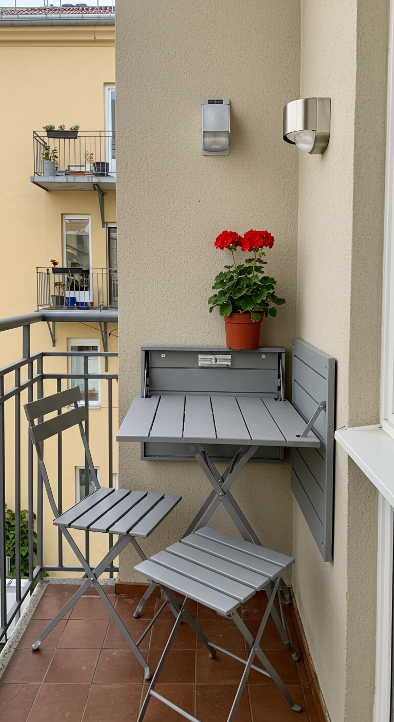 Kleiner Balkon mit grauem Wandklapptisch, zwei Klappstühlen und roter Geranie.