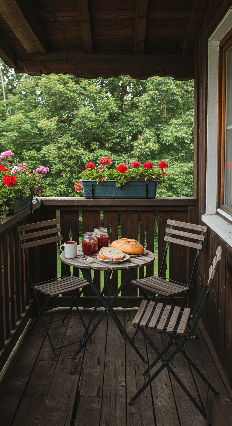 Rustikales Frühstück auf einem Holzbalkon mit Geranien in Blumenkästen.