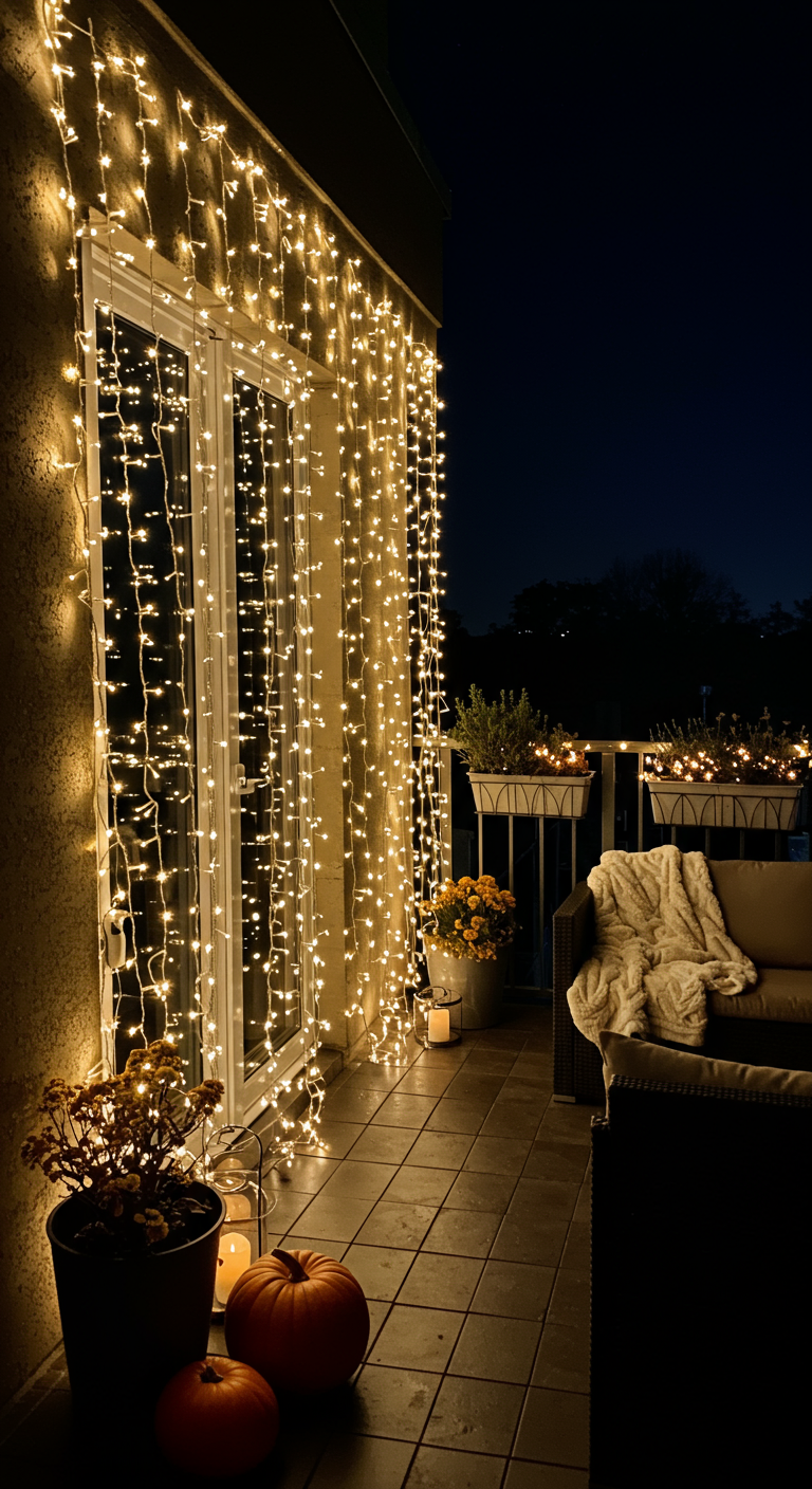 Balkon bei Nacht mit einem großen LED-Lichtervorhang an der Hauswand.