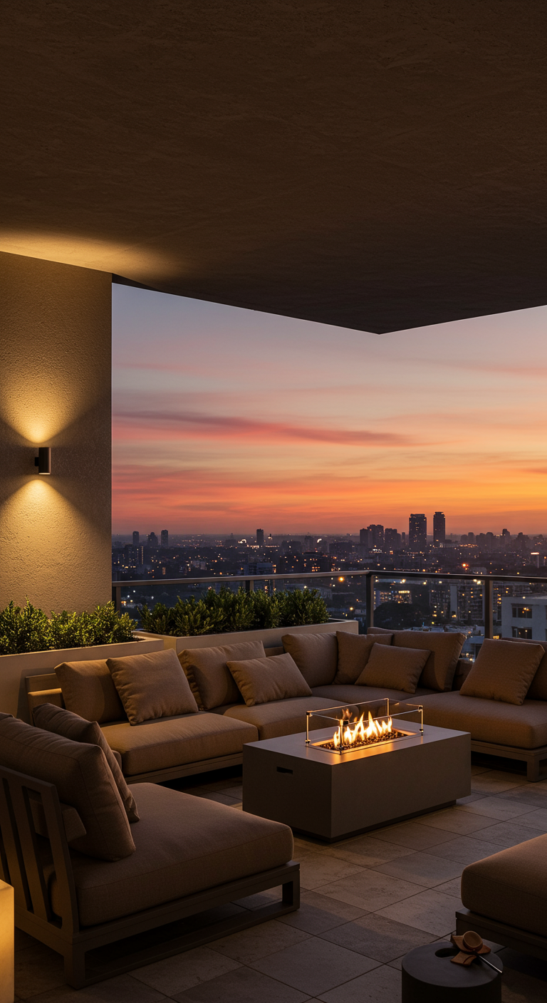 Großer Balkon mit Lounge-Sofalandschaft und Feuertisch bei Sonnenuntergang.