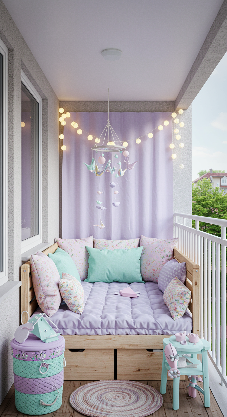 Gemütliches Daybed auf dem Balkon mit lila-mintfarbener Bettwäsche und Mobile.