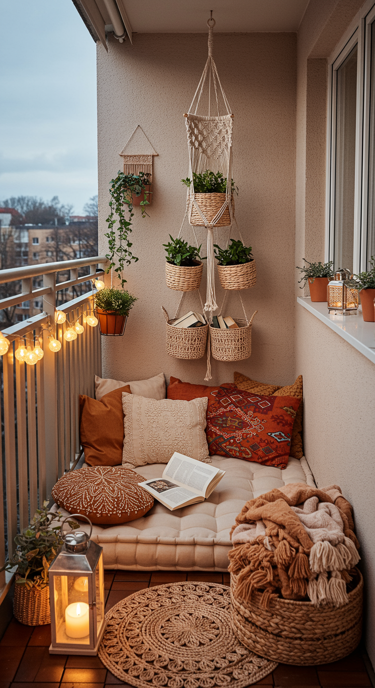 Boho-Balkonecke mit Makramee-Hängekörben, die Pflanzen und Bücher halten.